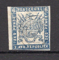 TRANSVAAL - 1875 - CLASSIC ISSUES: 6d pale blue 'First Republic' issue 'Celliers' printing on behalf of the Stamp Commission, Pretoria on very thin soft opaque (semi-pelure) paper, imperf. A fine used copy with concentric circles Numeral '1' cancel of PRETORIA. Tight margins at top & bottom. (SG 45)  (TRA/13583)