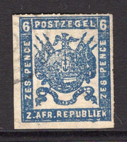 TRANSVAAL - 1875 - CLASSIC ISSUES: 6d bright blue 'First Republic' issue 'Celliers' printing on behalf of the Stamp Commission, Pretoria on stout hard surfaced paper, rouletted 15½-16. A fine lightly used copy. (SG 66)  (TRA/13586)