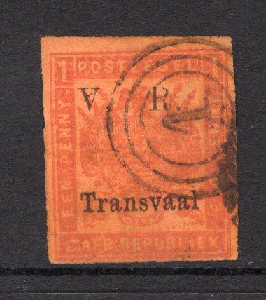 TRANSVAAL - 1877 - FIRST BRITISH OCCUPATION ISSUES: 1d red on orange new printing with 'V. R. Transvaal' overprint in black, imperf. A fine used copy. (SG 117)  (TRA/13589)