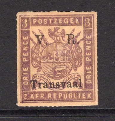 TRANSVAAL - 1877 - FIRST BRITISH OCCUPATION ISSUES: 3d mauve on buff new printing with 'V. R. Transvaal' overprint in black, rouletted 15½-16. A fine mint copy. (SG 124)  (TRA/13590)