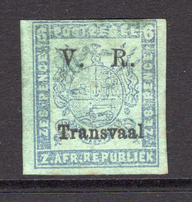 TRANSVAAL - 1877 - FIRST BRITISH OCCUPATION ISSUES: 6d blue on green new printing with 'V. R. Transvaal' overprint in black, imperf. A fine unused copy. Small thin on reverse. (SG 120)  (TRA/13592)