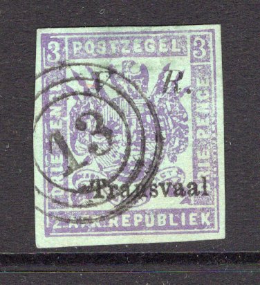 TRANSVAAL - 1877 - FIRST BRITISH OCCUPATION ISSUES: 3d mauve on green new printing with ITALIC 'V. R. Transvaal' overprint in black, imperf. A fine used copy with concentric circles Numeral '13' cancel of LYDENBURG. Small thin on reverse. (SG 119e)  (TRA/13595)