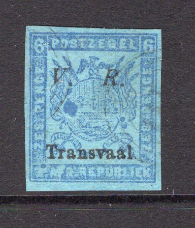 TRANSVAAL - 1877 - FIRST BRITISH OCCUPATION ISSUES: 6d blue on blue new printing with ITALIC 'V. R. Transvaal' overprint in black, imperf. A fine used copy. (SG 121g)  (TRA/13596)