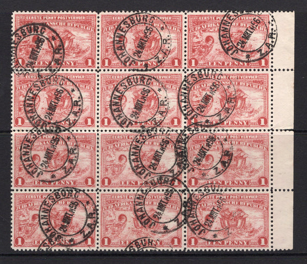 TRANSVAAL - 1895 - MULTIPLE: 1d red 'Introduction of Penny Postage' issue, a superb used side marginal block of twelve with multiple strikes of JOHANNESBURG cds dated 24 MAR 1896. Superb multiple. (SG 215c)  (TRA/17120)