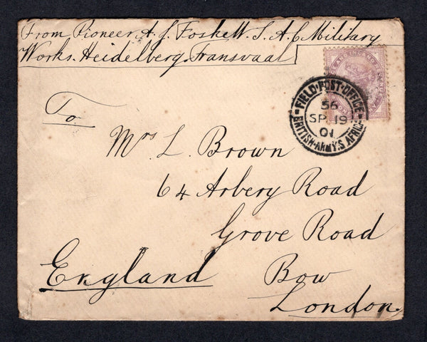 TRANSVAAL - 1901 - BOER WAR: Cover with manuscript 'From Pioneer A J Foske II, S.A.C. Military Works, Heidelburg Transvaal' at top franked with Great Britain 1881 1d lilac QV issue (SG 172) tied by fine strike of FIELD POST OFFICE 56 BRITISH ARMY S. AFRICA cds dated SEP 19 1901 of APO 10 located in the Stationery office at HEIDELBURG. Addressed to UK with arrival cds on reverse. Cover is roughly opened at top.  (TRA/22112)