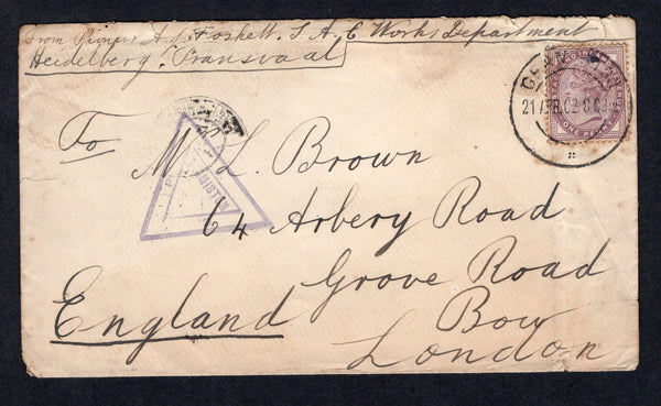 TRANSVAAL - 1901 - BOER WAR: Cover with manuscript 'From Pioneer A J Foske II, S.A.C. Military Works, Heidelburg Transvaal' at top franked with Great Britain 1881 1d lilac QV issue (SG 172) tied by GERMISTON cds dated 21 APR 1909 on front with fair strike of ARMY POST OFFICE ELANDSFONTEIN cds dated APR 21 1902 of APO 30 on reverse. Addressed to UK with triangular 'PASSED BY CENSOR GERMISTON' marking on front and arrival cds on reverse. Odd light tone spot.  (TRA/22114)