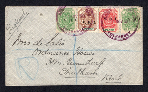 TRANSVAAL - 1900 - BOER WAR, REGISTRATION & CANCELLATION: Registered cover franked with 1900 2 x ½d green, 1d rose red & green and 2d brown & green 'V.R.I.' overprint issue (SG 226/228) tied by two fine strikes of large ARMY POST OFFICE VOLKSRUST cds in purple dated 15 NOV 1900 and large 'R' in blue crayon alongside . Addressed to UK with arrival mark on reverse. Rare cover.  (TRA/22118)