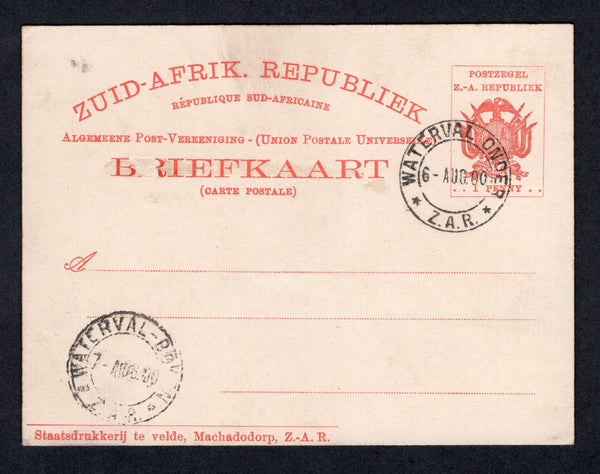 TRANSVAAL - 1900 - POSTAL STATIONERY & BOER WAR: 1d vermilion on white 'Machadodorp' BOER WAR provisional postal stationery card (H&G 7) with two strikes of WATERVAL ONDER cds dated 6 AUG 1900, otherwise unused.  (TRA/22842)