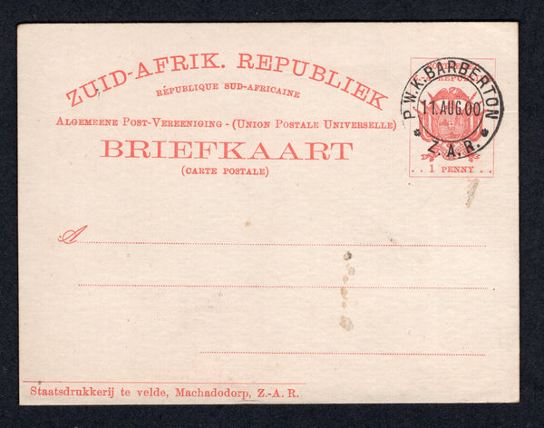 TRANSVAAL - 1900 - POSTAL STATIONERY & BOER WAR: 1d vermilion on white 'Machadodorp' BOER WAR provisional postal stationery card (H&G 7) with fine strike of P.W.K. BARBERTON cds dated 11 AUG 1900, otherwise unused.  (TRA/22843)