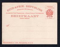 TRANSVAAL - 1900 - POSTAL STATIONERY & BOER WAR: 1d vermilion on white 'Machadodorp' BOER WAR provisional postal stationery card (H&G 7). A fine unused example.  (TRA/22844)