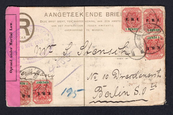 TRANSVAAL - 1901 - POSTAL STATIONERY, BOER WAR & CENSORED MAIL: 4d olive green on creamy white postal stationery registered envelope with 'E.R.I.' overprint (H&G C2a) used with added 5 x 1901 1d rose red & green with 'E.R.I.' overprint (SG 239) tied by JOHANNESBURG cds's. Censored with black on pink 'ON HIS MAJESTYS SERVICE OPENED UNDER MARTIAL LAW' censor strip at left tied by oval 'PASSED BY CENSOR JOHANNESBURG 29 NOV 1901 F. A. JONES, Lieut' cachet in purple. Addressed to GERMANY