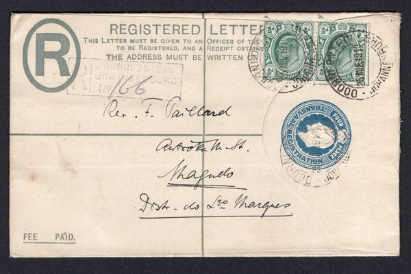 TRANSVAAL - 1910 - POSTAL STATIONERY & DESTINATION: 4d blue EVII postal stationery registered envelope (H&G C4a) used with added pair 1905 ½d deep green EVII issue (SG 273a) tied by DOORNFONTEIN cds's with light boxed 'DOORNFONTEIN' registration marking on front. Addressed to MAGUDE, LOURENCO MARQUES with various arrival marks on reverse. Scarce.  (TRA/22847)