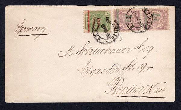 TRANSVAAL - 1896 - PROVISIONAL ISSUE: Cover franked with 1895 ½d on 1/- green and pair 1d on 2½d bright mauve 'Provisional' issue (SG 213/214) tied by PRETORIA cds's. Addressed to GERMANY with arrival cds on reverse.  (TRA/22856)