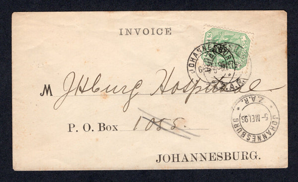 TRANSVAAL - 1896 - RATE: Unsealed cover with 'INVOICE' printed at top franked with 1896 ½d green (SG 216) tied by JOHANNESBURG cds. Addressed locally within JOHANNESBURG with arrival cds of the next day on front.  (TRA/22857)