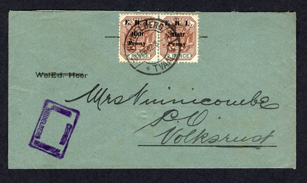 TRANSVAAL - 1902 - BOER WAR & CENSORED MAIL: Cover franked with pair 1901 ½d on 2d brown & green 'E.R.I.' overprint issue (SG 243) tied by HEIDELBURG cds with small boxed 'PASSED CENSOR HEIDELBURG TRANSVAAL' censor cachet in purple on front. Addressed to VOLKSRUST with arrival cds on reverse.  (TRA/22861)