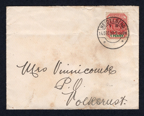 TRANSVAAL - 1900 - BOER WAR & MILITARY MAIL: Cover franked with 1900 1d rose red & green 'V.R.I.' overprint issue (SG 227) tied by HEIDELBURG cds. Addressed to VOLKSRUST with good strike of large ARMY POST OFFICE VOLKSRUST arrival mark on reverse. Also censored with triangular 'PASSED PRESS CENSOR' cachet in purple on reverse. Scarce.  (TRA/22864)