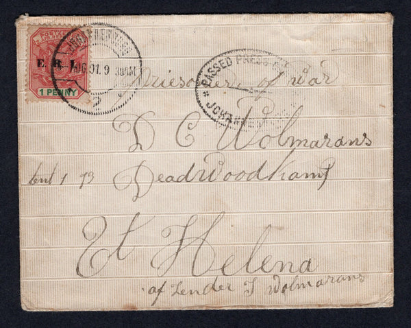 TRANSVAAL - 1908 - BOER WAR & PRISONER OF WAR MAIL: Cover with manuscript 'Daniel Wolmarans Z A R' on reverse franked with 1901 1d rose red & green 'E.R.I.' overprint issue (SG 239) tied by JOHANNESBURG cds with oval 'PASSED PRESS CENSOR JOHANNESBURG' censor cachet in black on front. Addressed to 'Prisoner of War, D C Wolmarans, Lieut. 1. 13, Dead Wood Kamp, St Helena'. Part of backflap missing.  (TRA/22866)