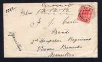 TRANSVAAL - 1912 - DESTINATION: Cover franked with 1905 1d scarlet EVII issue (SG 274) tied by WOOLSTON cds. Addressed to 'J G Carlie Band, 2nd Hampshire Regiment, Vacoas Barracks, Mauritius' with PORT LOUIS transit cds and VACOAS arrival cds on reverse.  (TRA/22867)
