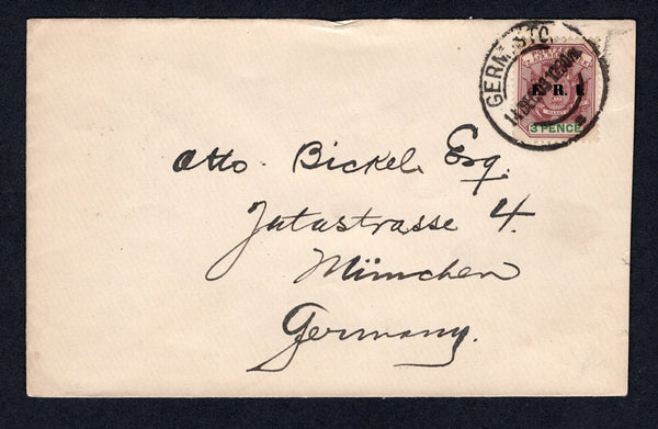 TRANSVAAL - 1903 - E.R.I. OVERPRINTS: Cover franked with single 1901 3d purple & green 'E.R.I.' overprint issue (SG 240) tied by fine GERMISTON cds dated 14 DEC 1903. Addressed to GERMANY. Uncommon issue on cover.  (TRA/26981)