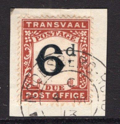 TRANSVAAL - 1907 - POSTAGE DUE & INTERPROVINCIAL USE: 6d black & red brown 'Postage Due' issue tied on small piece by NOODSBERG ROAD NATAL cds dated 1913. (SG D6)  (TRA/27341)
