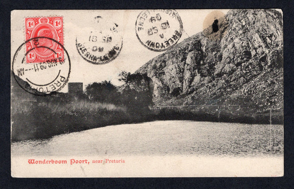 TRANSVAAL - 1909 - ROUTING: Black & white PPC 'Wonderboom Poort near Pretoria' franked on picture side with1905 1d scarlet EVII issue (SG 274) tied by PRETORIA cds dated 9 AUG 1909. Addressed to SPAIN routed via SIERRA LEONE and FUNCHAL with FREETOWN SIERRA LEONE transit cds's on front and FUNCHAL MADEIRA transit cds on reverse. Unusual.  (TRA/30924)