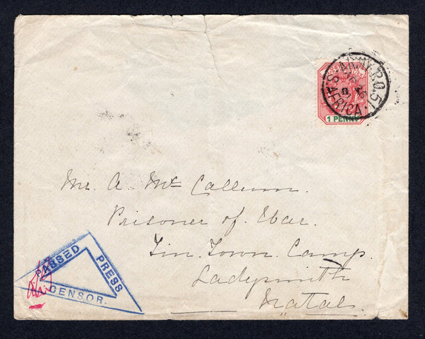 TRANSVAAL - 1901 - BOER WAR & PRISONER OF WAR MAIL: Cover franked with 1900 1d rose red & green 'V.R.I.' overprint issue (SG 227) tied by ARMY P.O. 51 S. AFRICA cds dated APR 26 1901 located at MACHADODORP, TRANSVAAL. Addressed to 'Mr A McCallum, Prisoner of War, Tin Town Camp, Ladysmith, Natal' with triangular 'PASSED PRESS CENSOR' marking in blue on front and LADYSMITH arrival cds on reverse. Cover has repaired tear at top.  (TRA/34838)