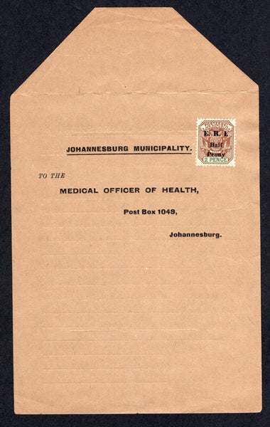 TRANSVAAL - 1901 - OFFICIAL MAIL & INFECTIOUS DISEASES: Unfolded & unused 'Municipality of Johannesburg Notification of Infectious Disease Certificate' printed letter sheet franked with 1901 ½d on 2d brown & green 'E.R.I.' overprint issue (SG 243). Addressed to the 'Medical Officer of Health' in JOHANNESBURG. Unusual.  (TRA/38085)
