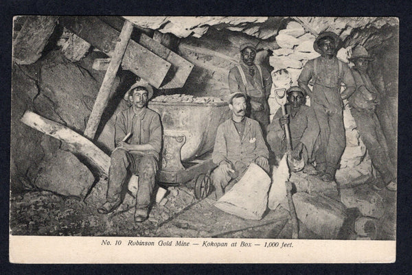 TRANSVAAL - 1908 - MINING & POSTCARD: Black & white PPC 'No. 10 Robinson Gold Mine - Kokopan at Box - 1,000 feet' showing group of miners underground franked on message side with 1905 ½d green EVII issue (SG 273 a little faded) tied by FORDSBURG cds dated 15 OCT 1908. Addressed to KIMBERLEY with arrival cds on front. The message reads 'Dear Mother. The light of this mine shines right on our stoep (porch) at night. Baby likes to watch it. I wish you could come up here on a visit.'  A scarce card.  (TRA/3847