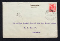 TRANSVAAL - 1911 - CANCELLATION & MINING: Cover with printed 'Premier (Transvaal) Diamond Mining Co. Ltd Benefit Society, P.O.Box 45, Premier Mine' on flap and manuscript 'Premier Mine 4 Oct 1911' on front at top franked with 1905 1d scarlet EVII issue (SG 274) tied by PREMIER MINE cds dated 4 OCT 1911. Addressed to PRETORIA with arrival cds on reverse.  (TRA/38759)