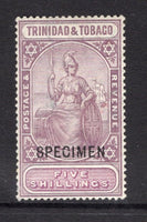 TRINIDAD & TOBAGO - 1913 - SPECIMEN: 5/- dull purple & mauve 'Britannia' tall type overprinted 'SPECIMEN' in black. Fine. (SG 155)  (TRI/10188)