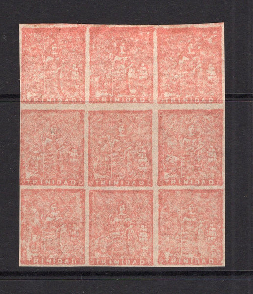 TRINIDAD & TOBAGO - 1860 - CLASSIC ISSUE & MULTIPLE: 1d red 'Lithograph' PROVISIONAL issue from the final printing in March 1860, a superb mint block of nine comprising positions 4, 5, 6, 13, 14, 15, 22, 23 & 24 from the sheet of fifty four. A fine & Scarce multiple. (SG 20)  (TRI/17665)