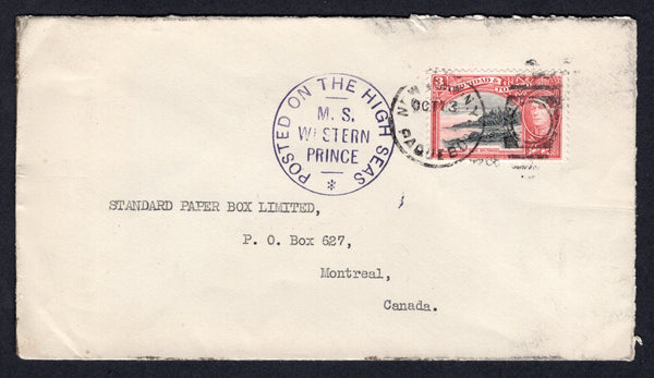 TRINIDAD & TOBAGO - 1938 - MARITIME: Cover franked with 1938 3c black & scarlet GVI issue (SG 248) tied by NEW YORK PAQUEBOT cds with fine strike of large POSTED ON THE HIGH SEAS M.S. WESTERN PRINCE ship marking in blackish purple. Addressed to CANADA.  (TRI/2271)