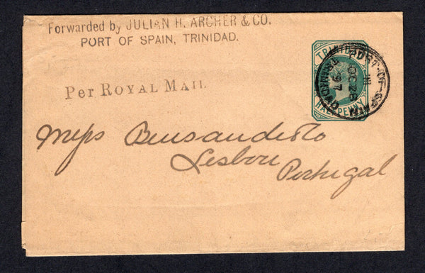 TRINIDAD & TOBAGO - 1897 - POSTAL STATIONERY: ½d green QV postal stationery wrapper (H&G E1) used with PORT OF SPAIN cds. Addressed to PORTUGAL with arrival cds on reverse.  (TRI/22872)