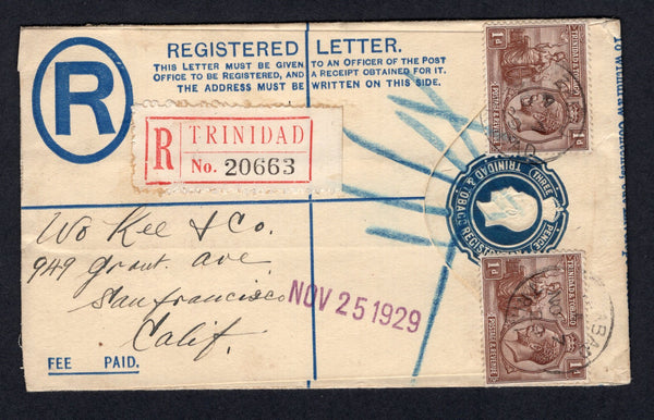 TRINIDAD & TOBAGO - 1929 - POSTAL STATIONERY & REGISTRATION: 3d blue GV postal stationery registered envelope (H&G C4) used with added 2 x 1921 1d brown GV issue (SG 208) tied by FYZABAD cds's with printed red & black 'TRINIDAD' registration label alongside. Addressed to USA with various transit & arrival marks on reverse.  (TRI/22874)