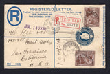 TRINIDAD & TOBAGO - 1927 - POSTAL STATIONERY, REGISTRATION & CANCELLATION: 3d blue GV postal stationery registered envelope (H&G C4a) used with added 2 x 1921 1d brown GV issue (SG 208) tied by CHAGUANAS cds's with printed red & black 'TRINIDAD' registration label alongside. Addressed to USA with various transit & arrival marks on front & reverse.  (TRI/22875)