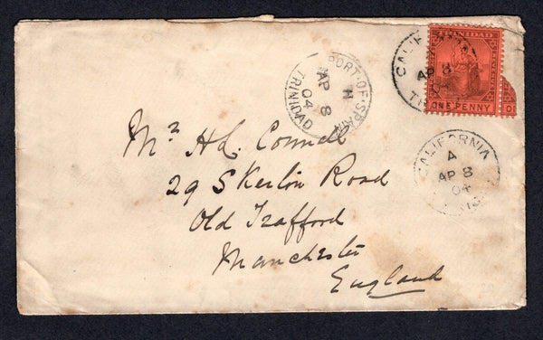 TRINIDAD & TOBAGO - 1904 - CANCELLATION: Cover franked with single 1904 1d black on red 'TRINIDAD' issue (SG 134) tied by CALIFORNIA cds with second strike alongside. Addressed to UK with PORT-OF-SPAIN transit cds on front and UK arrival cds on reverse. Scarcer origination.  (TRI/22877)