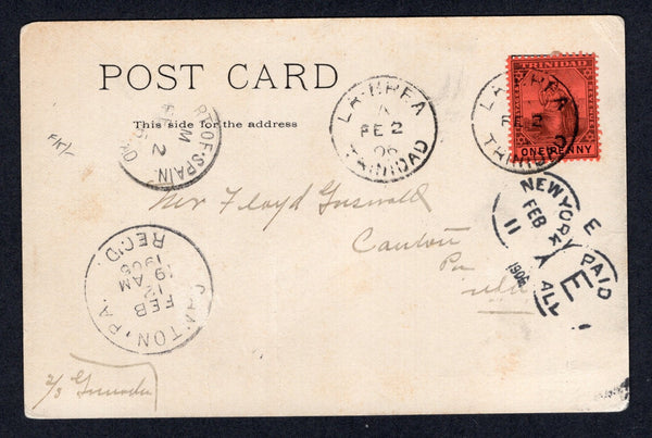TRINIDAD & TOBAGO - 1906 - CANCELLATION: Black & white PPC 'The Pitch Lake, La Brea - Trinidad' franked on message side with single 1904 1d black on red 'TRINIDAD' issue (SG 134) tied by LA BREA cds with second strike alongside. Addressed to USA with PORT-OF-SPAIN transit cds and USA arrival cds on front. Light central crease.  (TRI/22878)