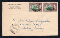 TRINIDAD & TOBAGO - 1949 - CANCELLATION: Cover franked with 2 x 1938 3c green & purple brown GVI issue (SG 248a) tied by two strikes of BALMAIN TRINIDAD cds with third fine strike alongside. Addressed to GERMANY with COUVA transit cds on reverse. Scarce origination.  (TRI/24795)