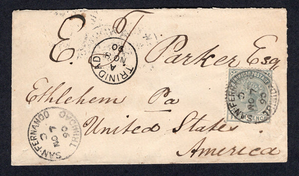 TRINIDAD & TOBAGO - 1890 - QV ISSUE: Cover franked with single 1883 4d grey QV issue (SG 110) tied by fine strike of SAN FERNANDO cds dated NOV 7 1890 with second strike alongside. Addressed to USA with TRINIDAD transit cds on front and USA arrival mark on reverse. Very fine.  (TRI/27775)