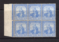 TRINIDAD & TOBAGO - 1921 - MULTIPLE: 3d bright blue 'Britannia' issue, watermark 'Multi Script CA'. A fine unmounted mint side marginal block of six. (SG 211)  (TRI/32735)