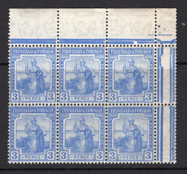 TRINIDAD & TOBAGO - 1921 - MULTIPLE: 3d bright blue 'Britannia' issue, watermark 'Multi Script CA'. A fine unmounted mint corner marginal block of six. (SG 211)  (TRI/32736)