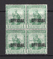 TRINIDAD & TOBAGO - 1917 - OFFICIAL ISSUE & MULTIPLE: ½d yellow green with thick 'OFFICIAL' overprint (Type O6). A fine mint block of four. (SG O15a)  (TRI/32750)