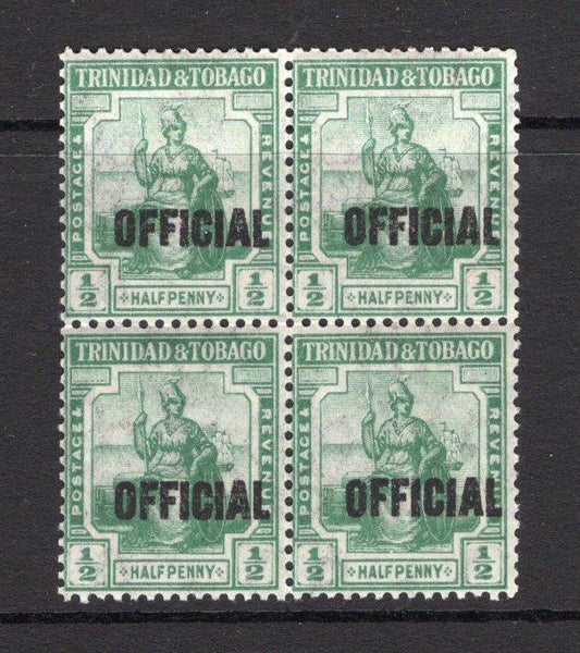 TRINIDAD & TOBAGO - 1917 - OFFICIAL ISSUE & MULTIPLE: ½d yellow green with thick 'OFFICIAL' overprint (Type O6). A fine mint block of four. (SG O15a)  (TRI/32750)