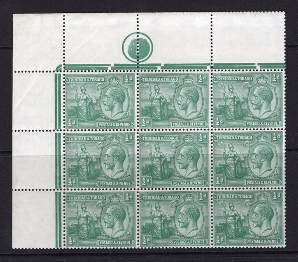 TRINIDAD & TOBAGO - 1922 - MULTIPLE: ½d green GV issue, a fine mint corner marginal block of nine with '1' plate number in margin. (SG 218)  (TRI/32764)