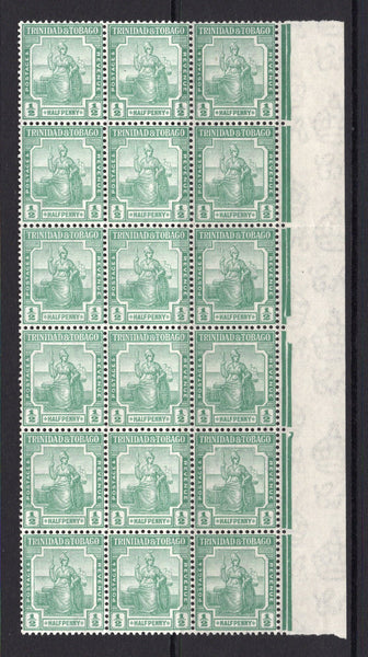 TRINIDAD & TOBAGO - 1921 - MULTIPLE: ½d green 'Britannia' issue, watermark 'Multi Script CA'. A fine unmounted mint side marginal block of eighteen. (SG 206)  (TRI/32770)