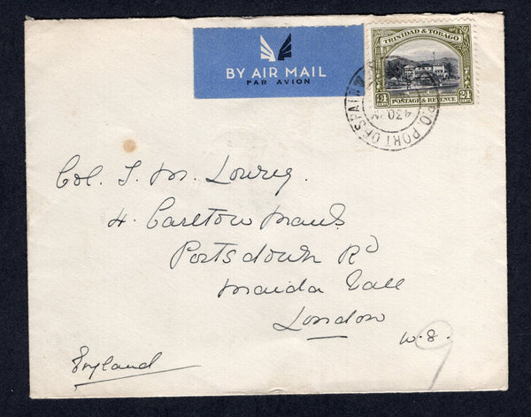 TRINIDAD & TOBAGO - 1937 - PICTORIAL ISSUE: Cover with printed 'Canadian Pacific Steamship Lines' emblem on flap franked with single 1935 24c black & olive green GV 'Pictorial' issue (SG 236) tied by PORT OF SPAIN cds dated MAR 1937. Sent airmail to UK with blue airmail label on front and arrival cds on reverse.  (TRI/32892)
