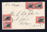 TRINIDAD & TOBAGO - 1937 - PICTORIAL ISSUE & DESTINATION: Cover with manuscript 'Air Mail' at top franked with 5 x 1935 3c black & scarlet GV 'Pictorial' issue (SG 232) tied by multiple strikes of PORT OF SPAIN cds dated JUL 10 1937. Addressed to ANTIGUA with ST. JOHNS ANTIGUA arrival cds on reverse. Nice inter-island mail.  (TRI/32893)