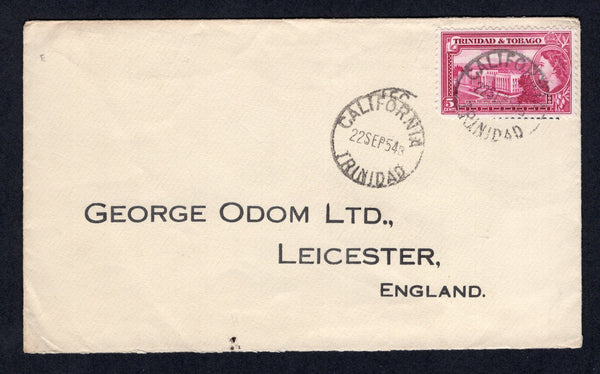 TRINIDAD & TOBAGO - 1954 - CANCELLATION: Cover franked with single 1953 5c magenta QE2 issue (SG 249b) tied by fine strike of CALIFORNIA cds dated 22 SEP 1954 with fine second strike alongside. Addressed to UK.  (TRI/32894)