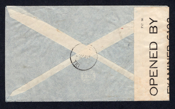 TRINIDAD & TOBAGO - 1942 - CENSORED MAIL: Airmail cover from Paraguay franked with 1927 pair 3p carmine, 1940 70c ultramarine and 3 x 1942 1p red brown (SG 339, 549 & 565) tied by ASUNCION airmail cancels. Addressed to USA, censored in Trinidad with printed black on white 'OPENED BY EXAMINER 6192' censor strip with 'I E /-' handstamp in purple and good strike of circular 'IC  TRI' censor marking on reverse dated MAR 42.  (TRI/33522)