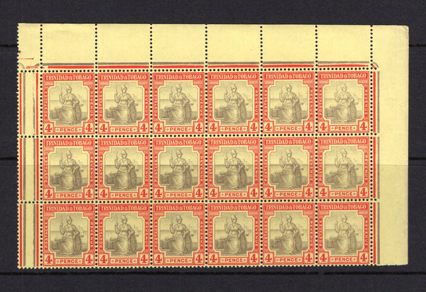 TRINIDAD & TOBAGO - 1913 - MULTIPLE: 4d black & red on pale yellow 'Britannia' issue, watermark 'Multi Crown CA'. A fine unmounted mint marginal block of eighteen comprising the top three rows of the pane with sheet margins on three side. (SG 152d)  (TRI/34450)